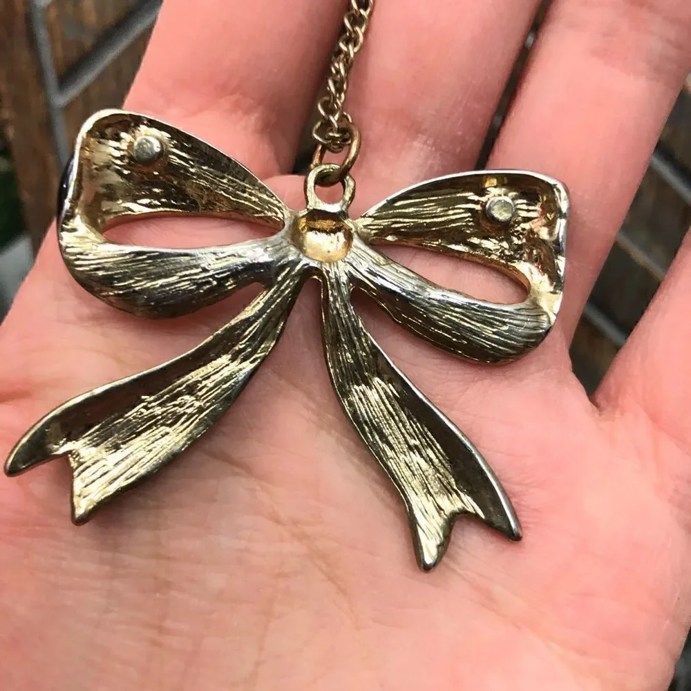 Black Rhinestone Bow Long Chain Necklace